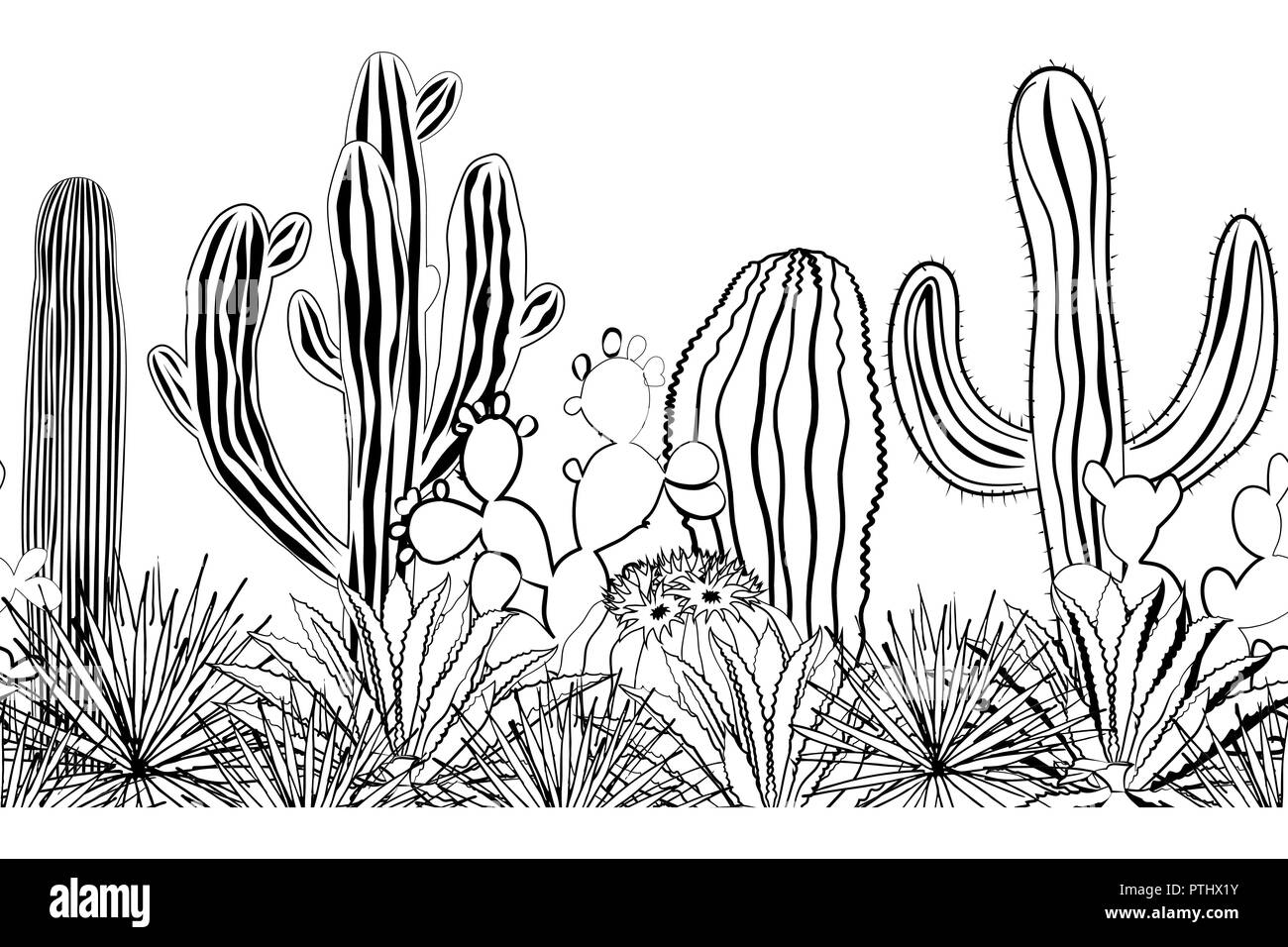 Hand drawn seamless pattern avec croquis, saguaro, agave bleu et le figuier de barbarie. Contexte de l'Amérique latine. Frontière mexicaine. Vector illustration. Illustration de Vecteur