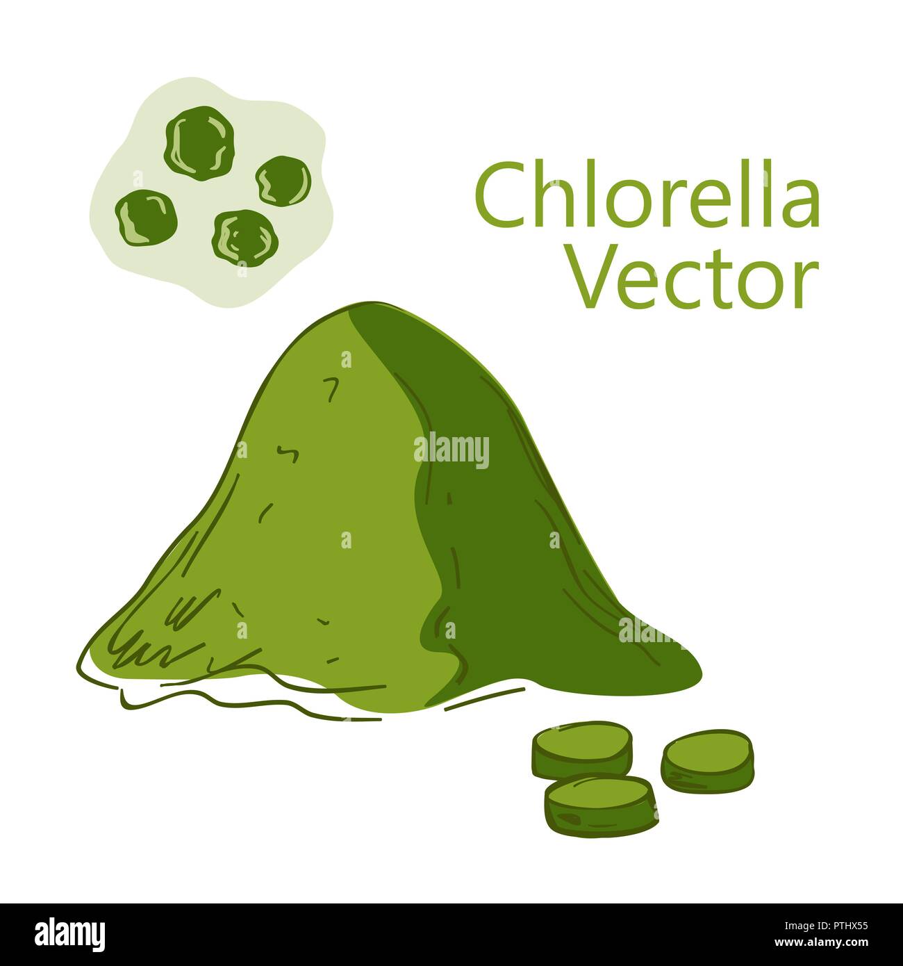Superfood chlorella situé dans un style dessiné à la main. La chlorelle Poudre, comprimés, et les algues rouges. Les aliments sains. Objets isolés sur fond blanc. V Illustration de Vecteur