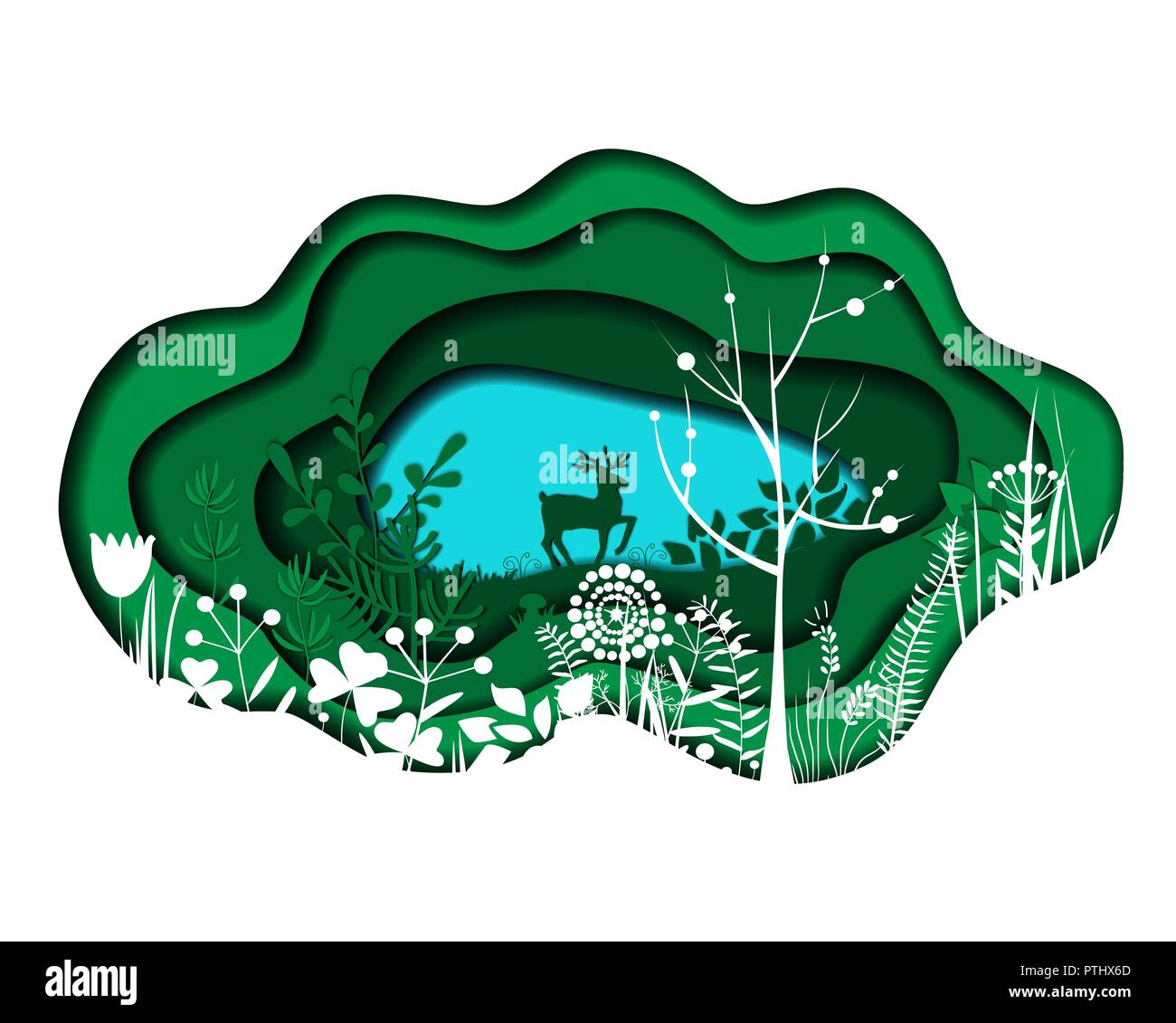 Coupe papier beau paysage avec lac, arbres, et les cerfs d'ossature. Utilisable pour le web et print, bannières, affiches, cartes. Vector illustration. Illustration de Vecteur