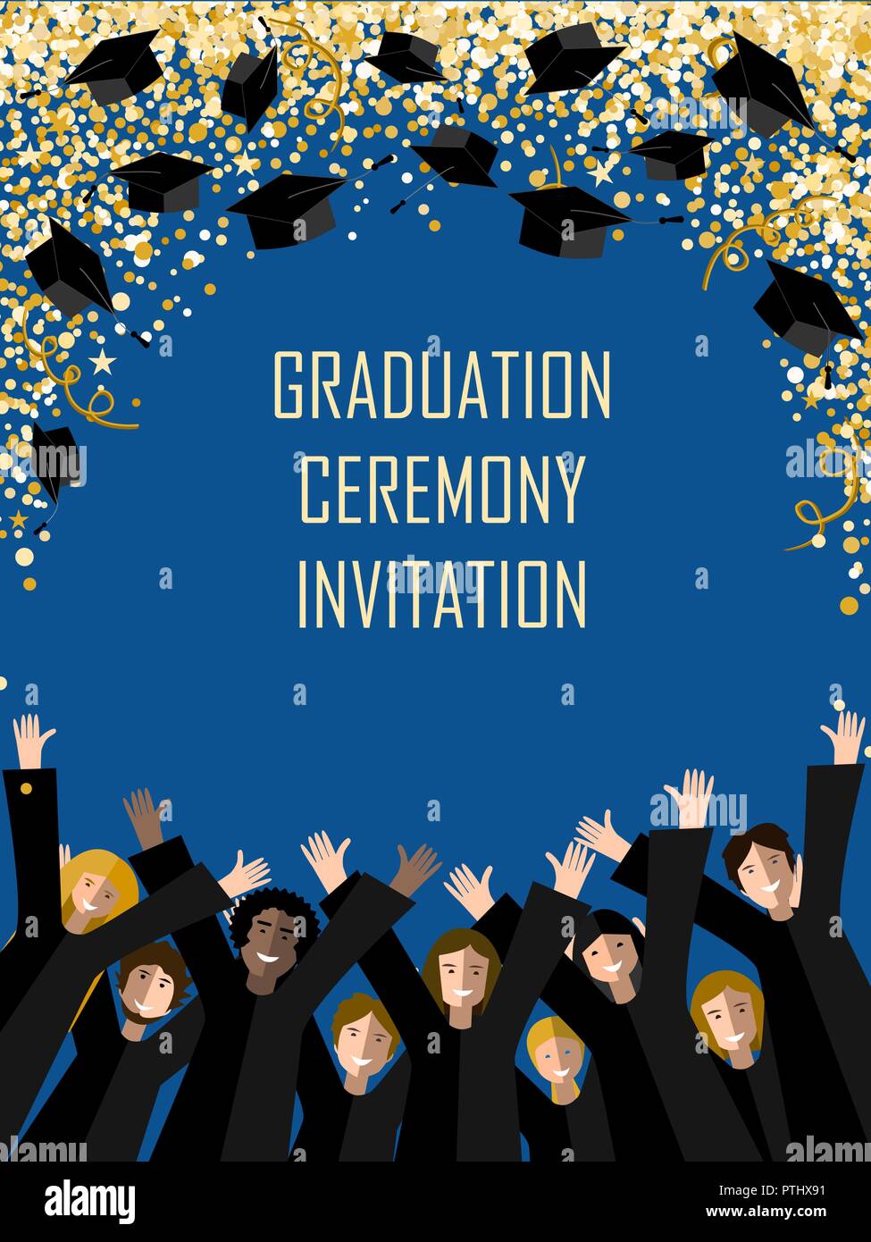 L'obtention du diplôme poster avec happy graduates throwing graduation hats dans le ciel de confettis d'or. Vector illustration Illustration de Vecteur