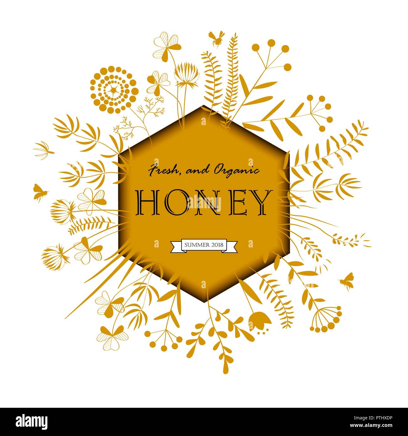 Trame hexagonale avec du miel de fleurs et les abeilles. Illustration vecteur floral. Les plantes de prairie silhouette blanche Illustration de Vecteur