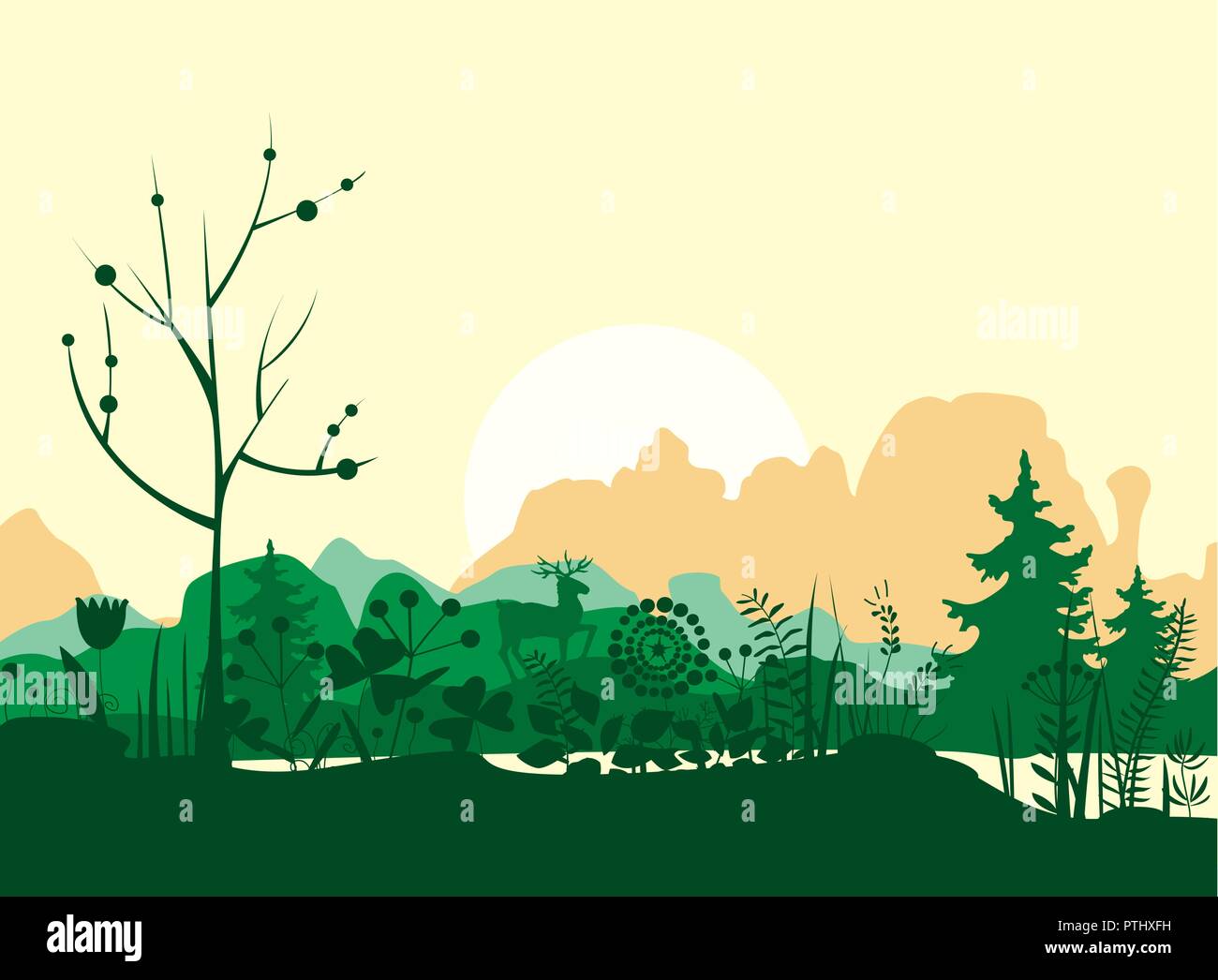 Matin d'été Paysage avec les cerfs et les montagnes lac. La forêt de montagne Télévision Vector Illustration. Gr Vector illustration. Illustration de Vecteur