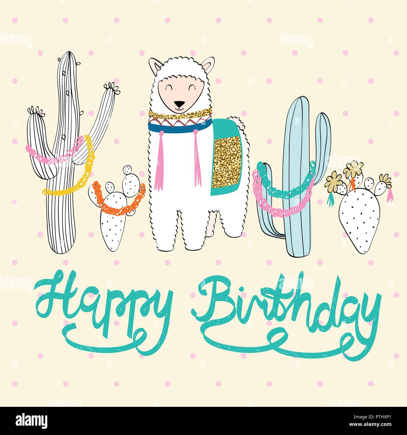 Joyeux Anniversaire Carte Avec Cartoon Et Cactus Image Vectorielle Stock Alamy