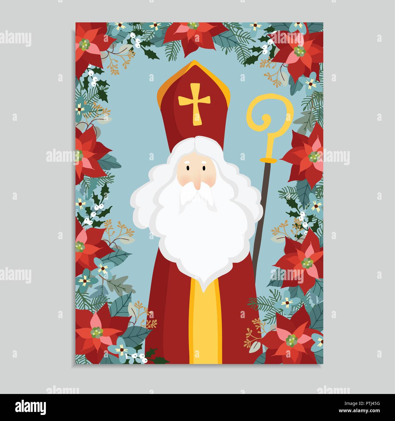 Jolie Carte De Souhaits Avec Saint Nicolas De Chute De Neige L Hiver De Decoration Floral Frame De Poinsettia Eucalyptus De Houx Et De Sapin De Noel Les Branches D Arbres Image Vectorielle Stock Jolie Carte De Souhaits Avec Saint Nicolas De Chute De Neige L Hiver De Decoration Floral Frame De Poinsettia Eucalyptus De Houx Et De Sapin De Noel Les Branches D Arbres Image Vectorielle Stock