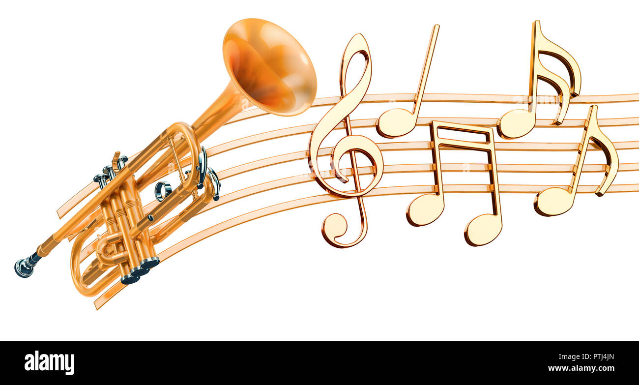 La trompette avec les notes de musique. Concept Musical, rendu 3D isolé sur  fond blanc Photo Stock - Alamy