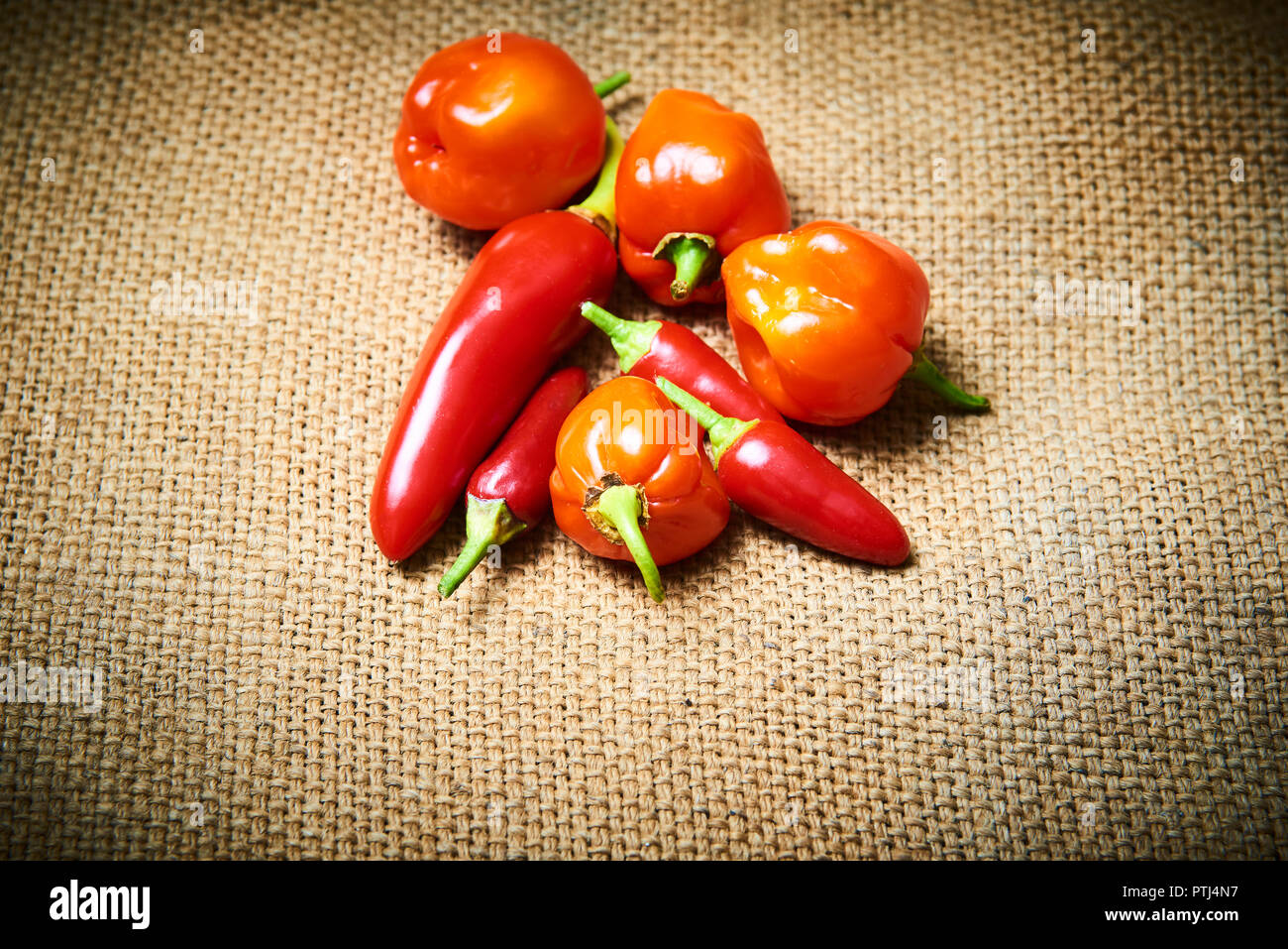 Groupe de frais rouge chili en tissu vieux sac. Arrière-plan de l'alimentation. La cuisson. Selective focus Banque D'Images