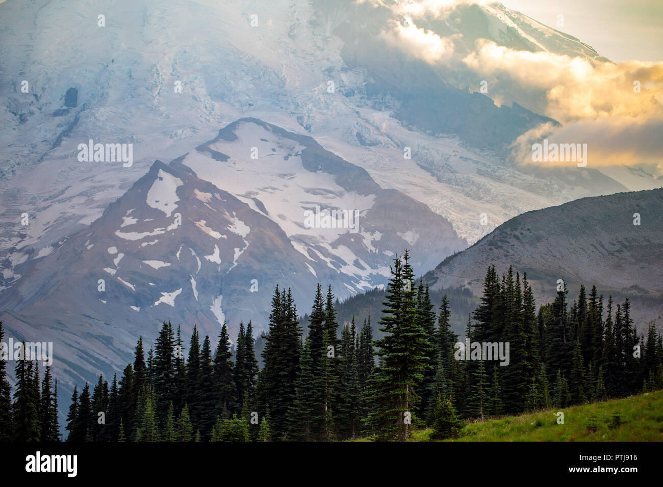 Vue du Mont Rainier au coucher du soleil Banque D'Images