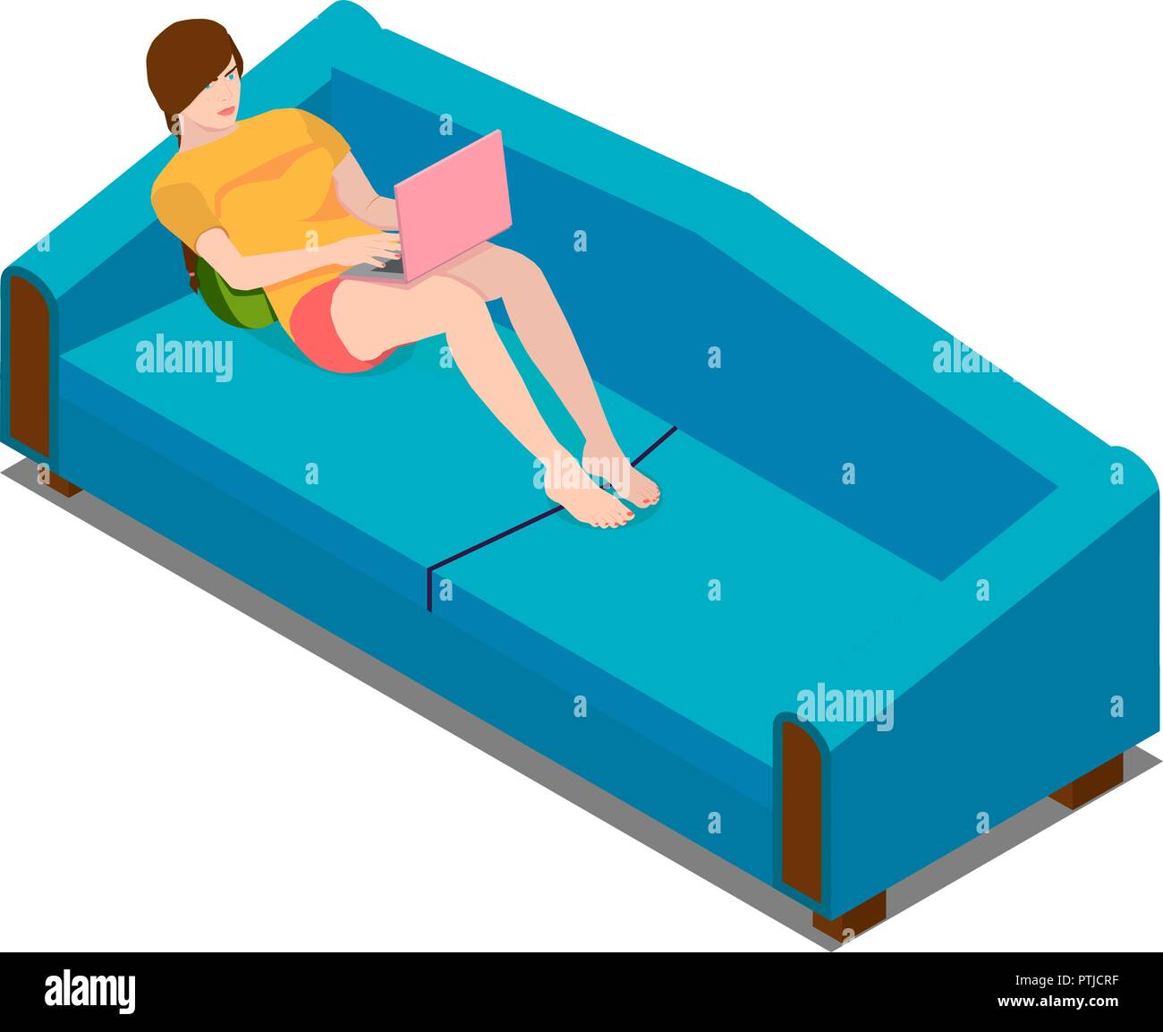 Un indépendant girl est le travail à domicile sur un ordinateur portable sur le canapé. L'isometrics girl sitting on sofa with laptop. Illustration de Vecteur