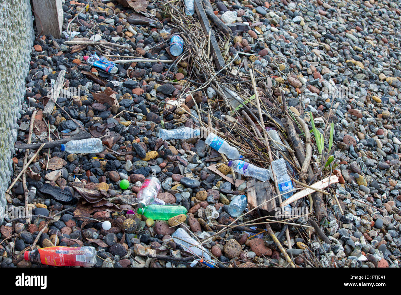 Tamise stone beach à Londres, GB. Une grande collection de bouteilles de plastique polluant et contaminer la plage, l'eau et la vie des poissons dans la rivière. Banque D'Images