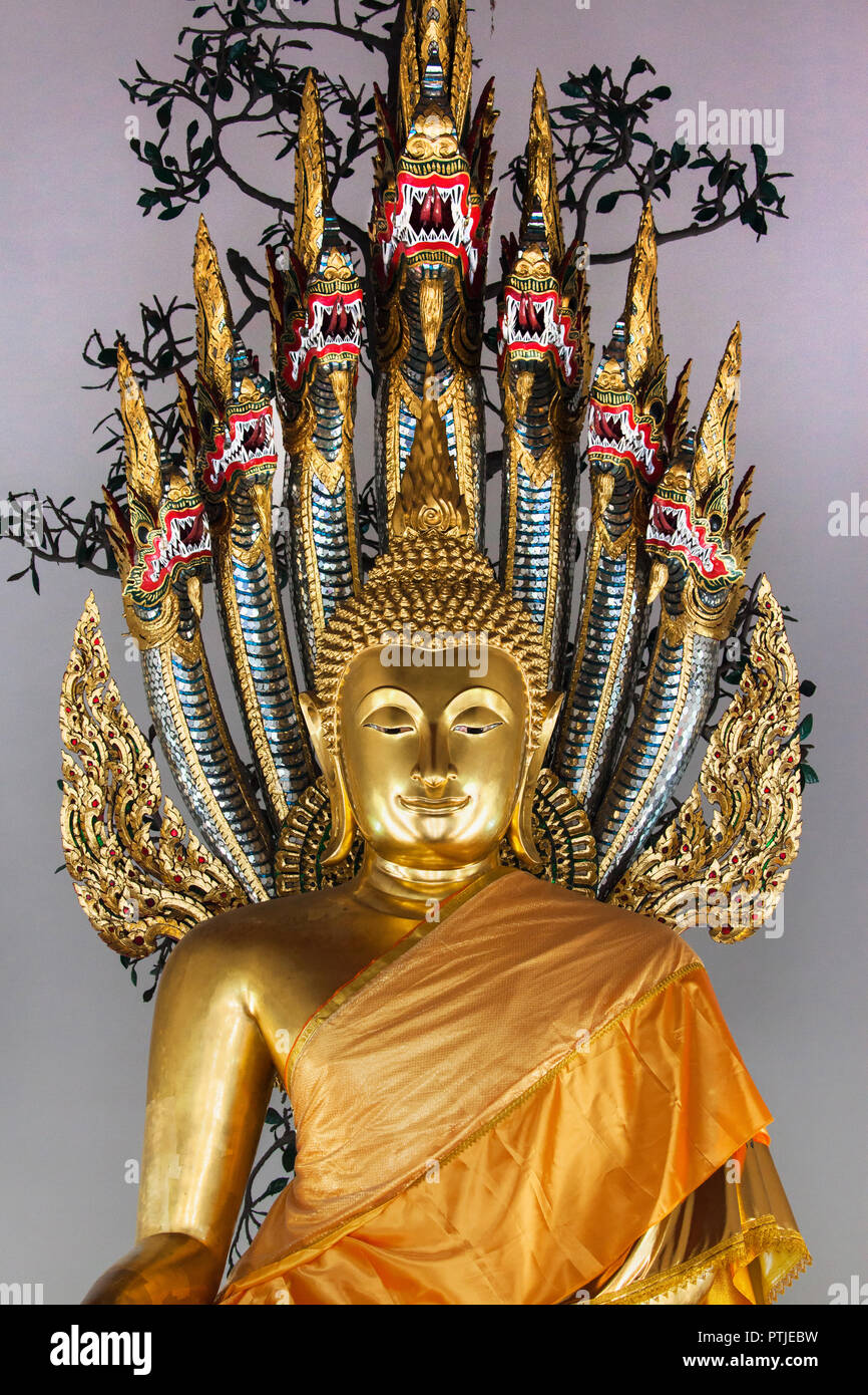 Bouddha assis à l'abri d'un naga à Wat Pho à Bangkok, Thaïlande. Banque D'Images