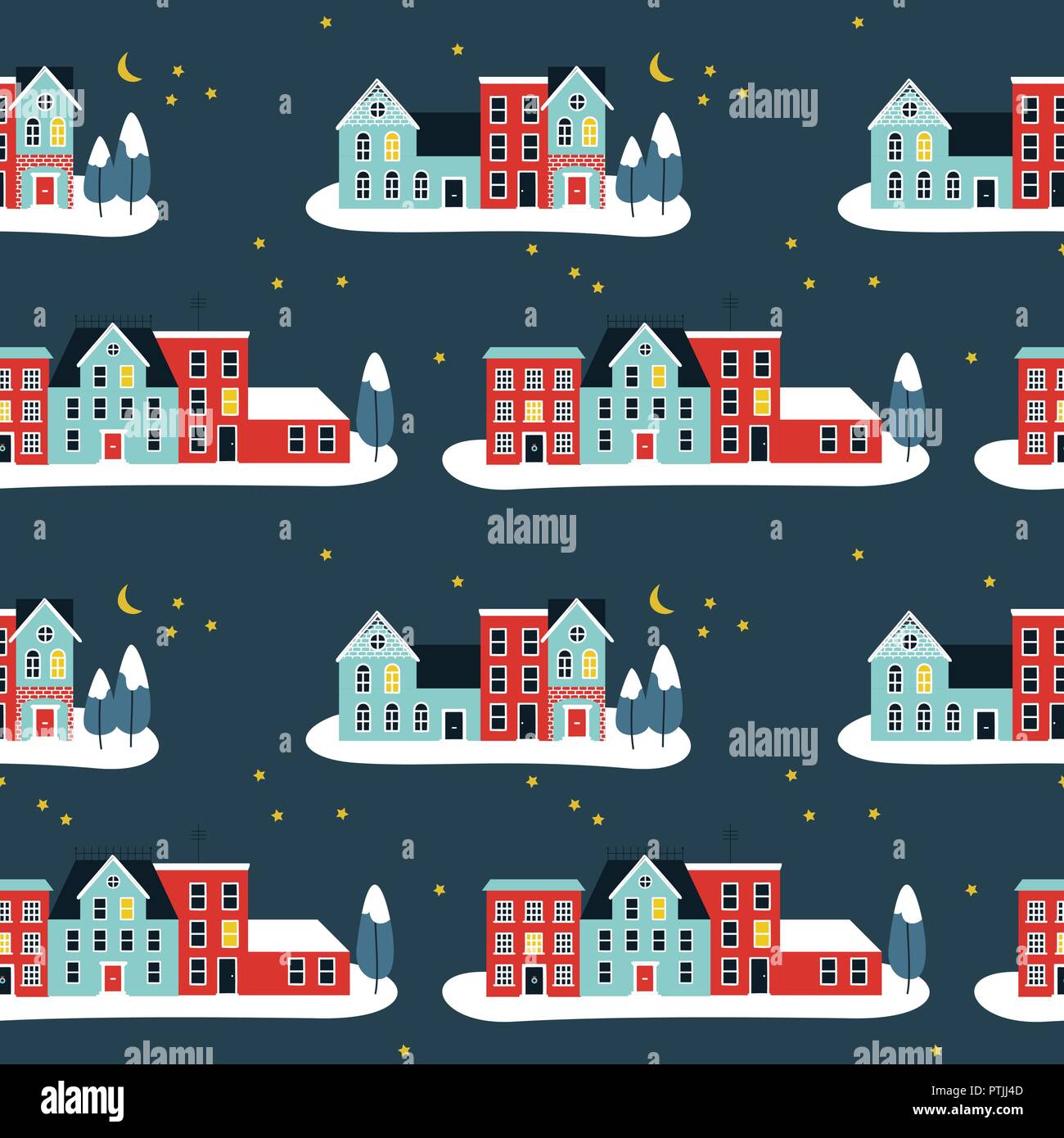 Profil de transparente Noël mignon de maisons dans la saison d'hiver pour la saison de fête, arrière-plan. Maison de ville la nuit avec des pins, neige, feux de noël. Illustration de Vecteur
