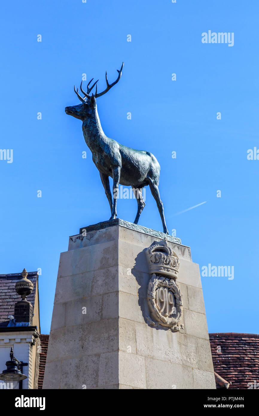 War Memorial avec symbole stag comté en altitude, le centre-ville de Hertford, magasins et attractions, la ville du comté de Hertfordshire, Angleterre Banque D'Images