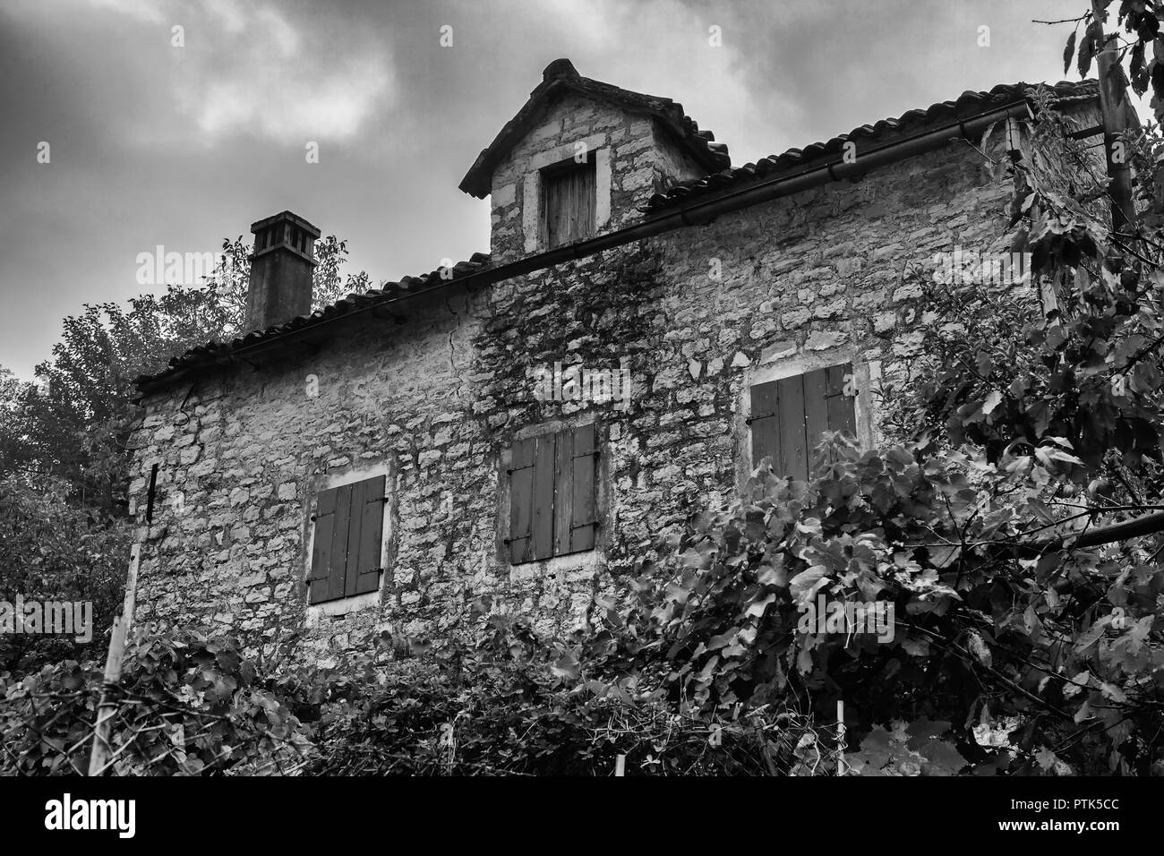 Logement vide à Gornji Stoliv, un village abandonné en grande partie au-dessus de la baie de Kotor, Monténégro. Version noir et blanc Banque D'Images
