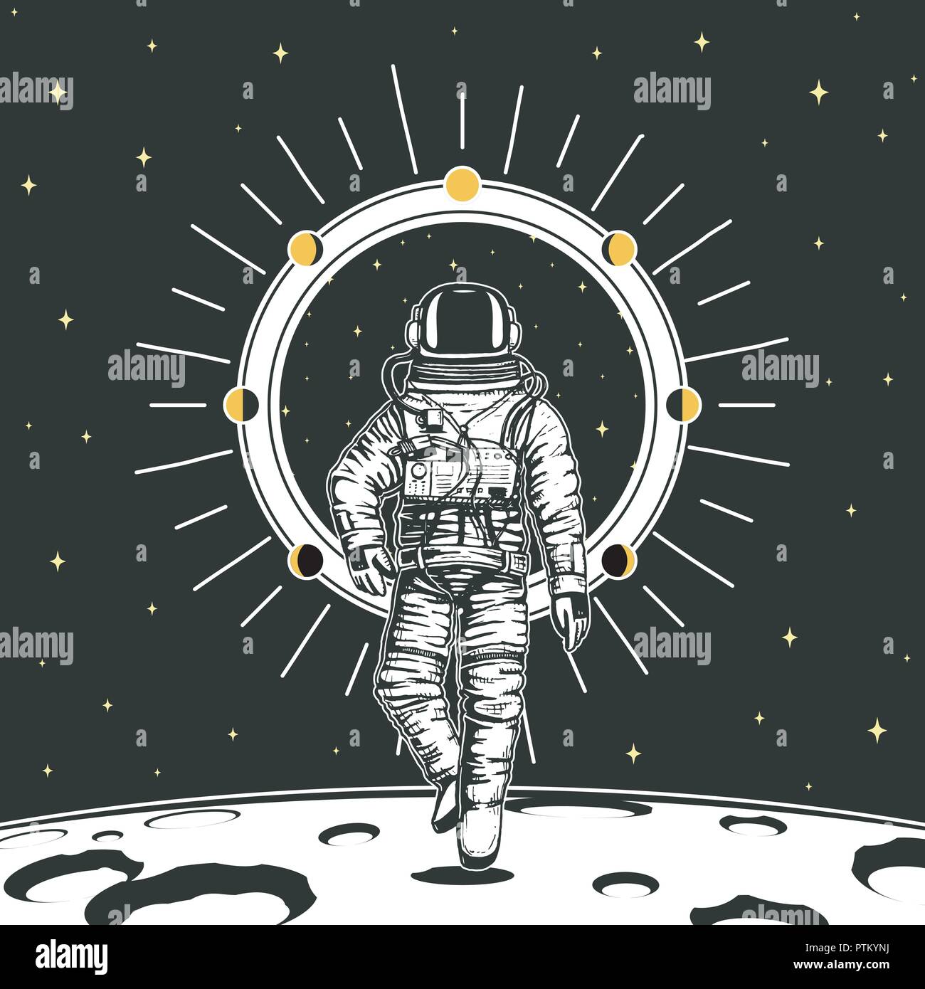 Spaceman astronaute cartes. Phases de Lune planètes de système solaire. d'astronomie galaxie espace. cosmonaut explorer aventure. gravés à la main dans de vieux croquis, vintage style pour étiquette ou T-shirt. Illustration de Vecteur