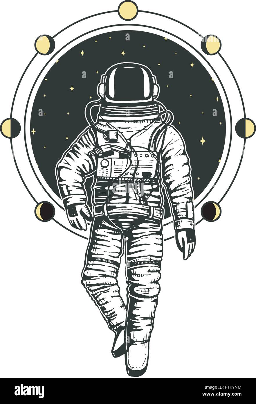 Spaceman astronaute cartes. Phases de Lune planètes de système solaire. d'astronomie galaxie espace. cosmonaut explorer aventure. gravés à la main dans de vieux croquis, vintage style pour étiquette ou T-shirt. Illustration de Vecteur
