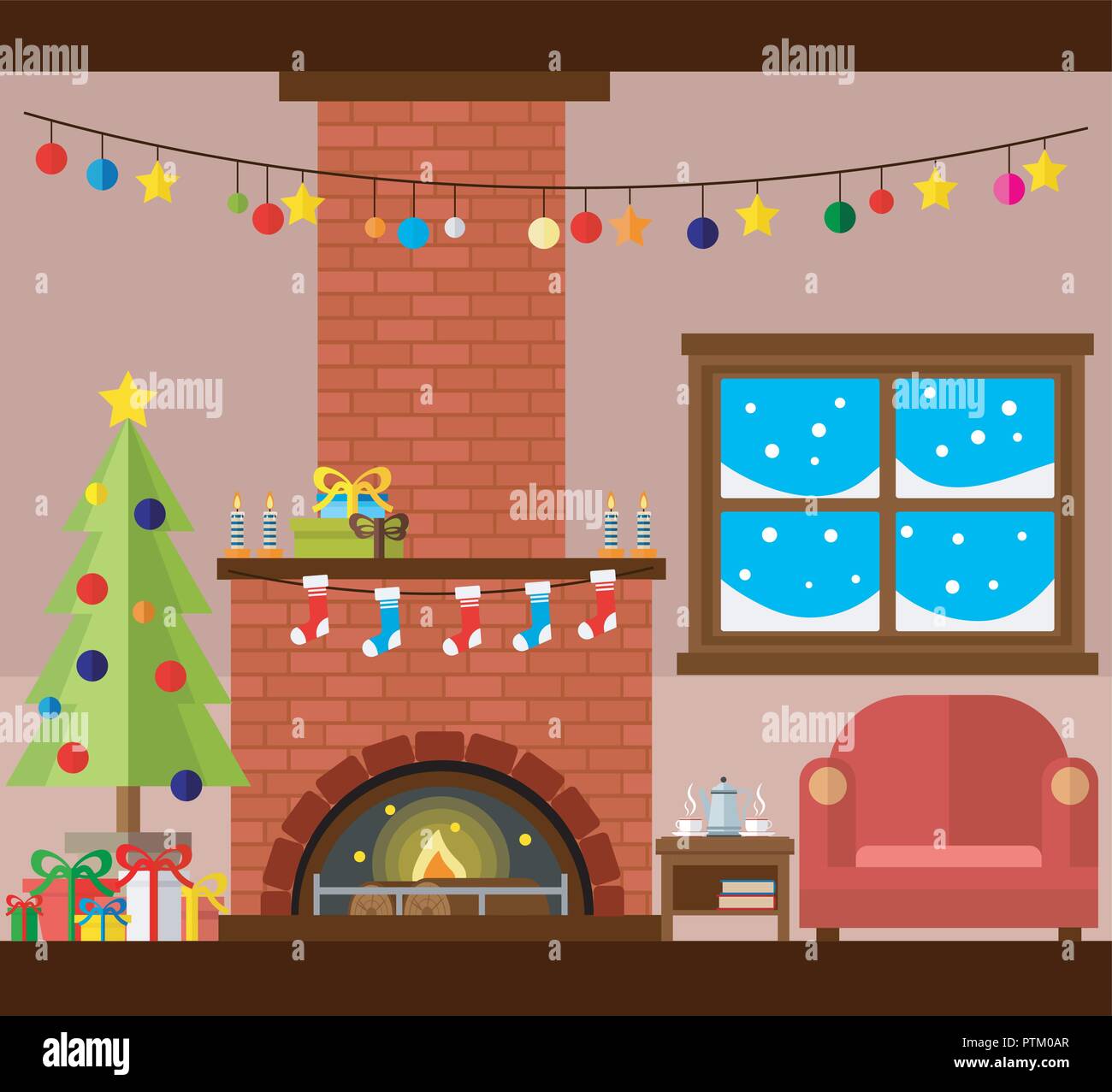 Cette chambre confortable à préparé pour la célébration de Noël et nouvel an. Illustration vectorielle, ensemble de décorations de Noël. Illustration de Vecteur