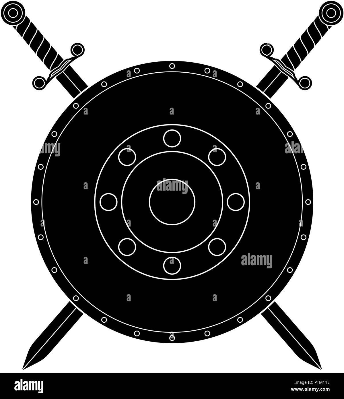 Bouclier rond avec des épées. Icône plat noir Illustration de Vecteur