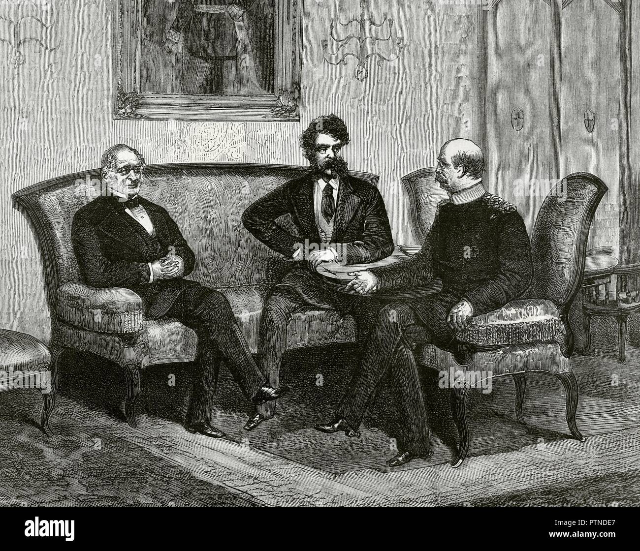 Alemania. Berlín. Los cancilleres de los tres imperios del norte conferenciando acerca de la cuestión de Oriente. Un izquiera de derecha : Príncipe ruso Alejandro Gortschakoff (1800- ?), conde húngaro Gylua (1823-1890 Andrassy) y el príncipe allemand Otto von Bismarck (1815-1898). La gravure. La Ilustración Española y Americana, 22 de junio de 1876. Biblioteca Histórico Militar de Barcelone. Islas Baleares, España. Banque D'Images