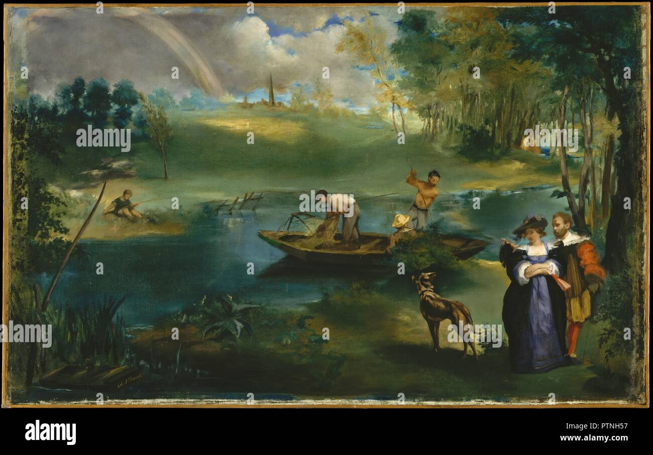 La pêche. Artiste : Édouard Manet (français, Paris 1832-1883 Paris). Dimensions : 30 1/4 x 48 1/2 in. (76,8 x 123,2 cm). Date : ca. De 1862 à 1863. Éléments à l'image dans les paysages de Peter Paul Rubens, l'actuelle monnaie donne la peinture de Delacroix à Manet de recommandation : 'Regardez Rubens, s'inspirer de Rubens, Rubens de copie. Rubens était Dieu." Manet et sa future épouse, Suzanne Leenhoff, sont le couple en bas à droite habillé en costume du xviie siècle et posés comme Rubens et son épouse dans le peintre flamand's  <i >Parc du Château de Steen </i > (Kunsthistorisches Museum, Vienne). Comme Ma Banque D'Images