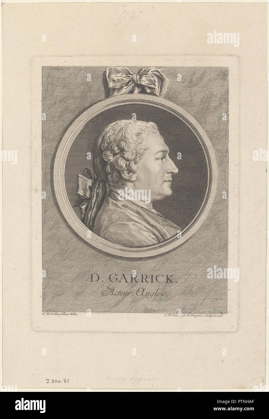 Portrait de David Garrick. Artiste : Charles Nicolas Cochin II (français, Paris 1715-1790 Paris) ; N. Dupuis Jr.. Dimensions : plateau : 7 5/8 x 5 3/4 in. (19,4 x 14,6 cm) : feuille 10 x 7 3/8 à 11/16. (27,2 x 18,8 cm). Date : 1764. Musée : Metropolitan Museum of Art, New York, USA. Banque D'Images