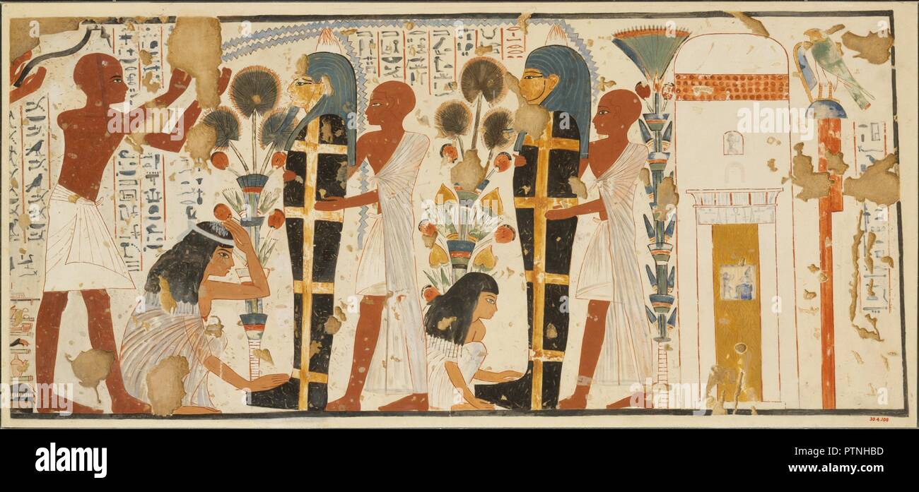 Purifier et pleurant les morts, Tombe de Nebamun et Ipuky. Artiste : Charles K. Wilkinson ca. L'année 1930. Dimensions : Télécopieur : H. 38,7 × 83,5 cm (15 W. 1/4 × 32 7/8 in.), échelle 1:1, Encadré : H. 40,3 × 85 cm (15 W. 7/8 × 33 7/16 po.). Dynastie DYNASTIE : 18. Règne : règne d'Amenhotep III-Akhenaton. Date : ca. 1390-1349 av. J.-C.. Ce fac-similé des copies de peinture partie d'une scène de funérailles dans la tombe de Nebamun et Ipuky (TT 181) à Thèbes. La scène représente les funérailles des deux hommes, qui est mort à différents moments. Musée : Metropolitan Museum of Art, New York, USA. Banque D'Images