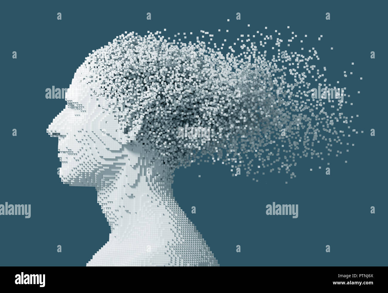 Désintégration sur Pixels 3D numérique de tête de l'homme sur fond bleu. 3D Illustration. Banque D'Images