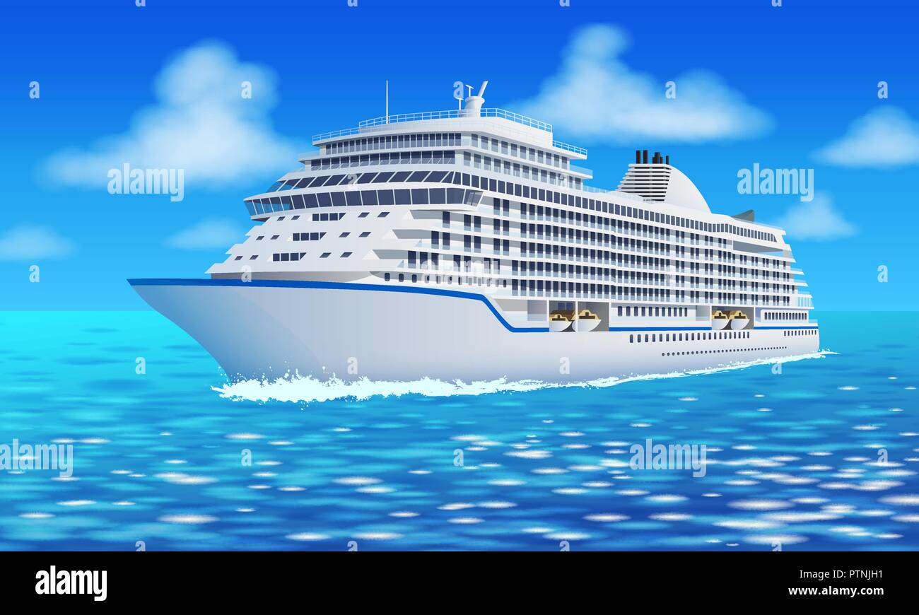 Grand bateau de croisière, l'océan, le ciel bleu dans le style. Illustration de Vecteur