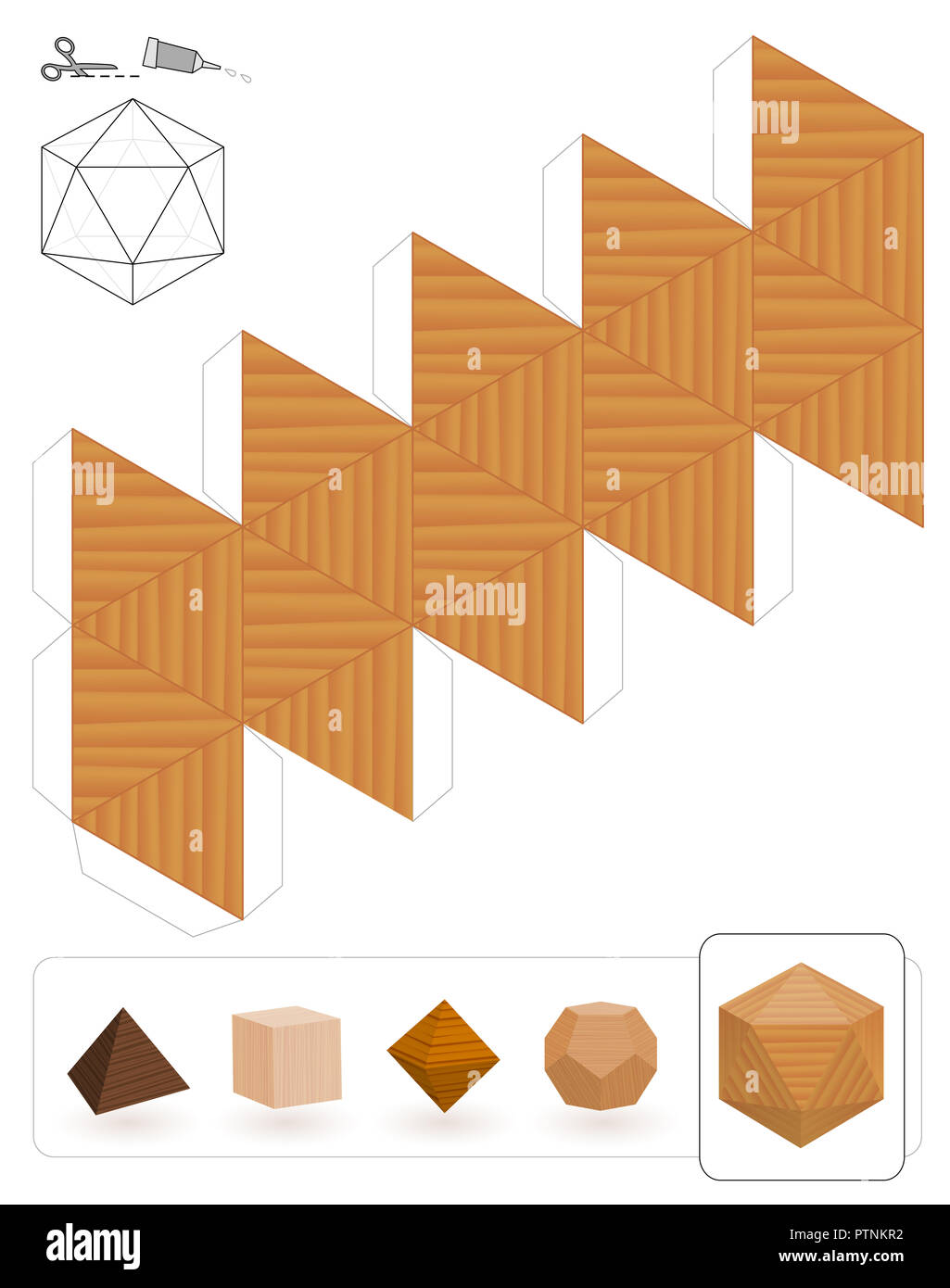 Solides de Platon. Modèle d'un icosaèdre avec texture en bois pour faire un modèle 3D hors du triangle net. Banque D'Images