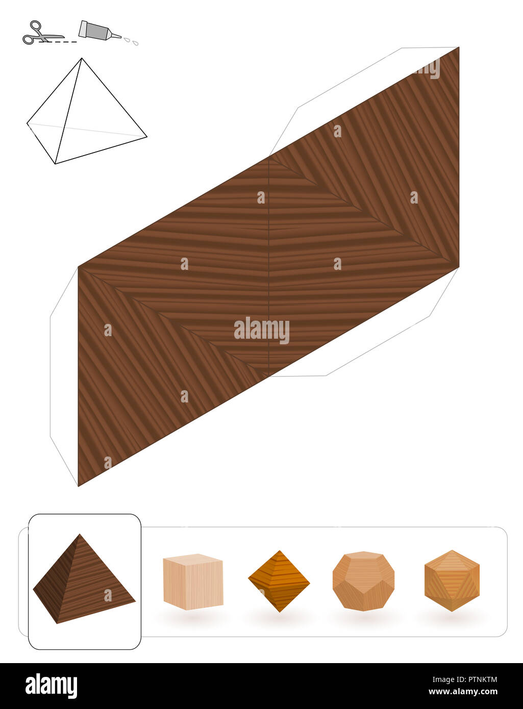 Solides de Platon. Modèle d'un tétraèdre avec texture en bois pour faire un modèle 3D hors du triangle net. Banque D'Images