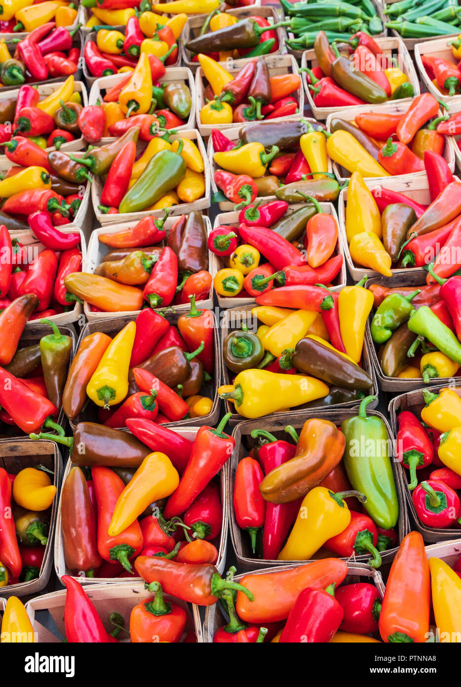 Poivrons rouges, verts et jaunes en vente en boîte à un marché de producteurs. Banque D'Images