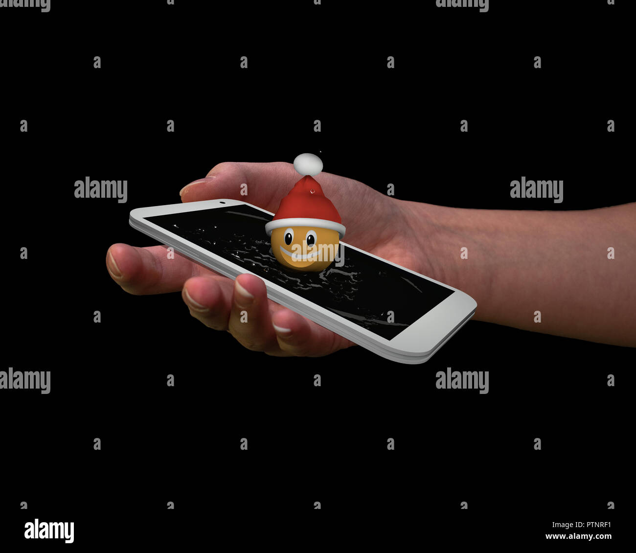 Dans la main de l'homme se trouve un mobile à partir de laquelle une émoticône de Noël de houblon. 3d illustration Banque D'Images