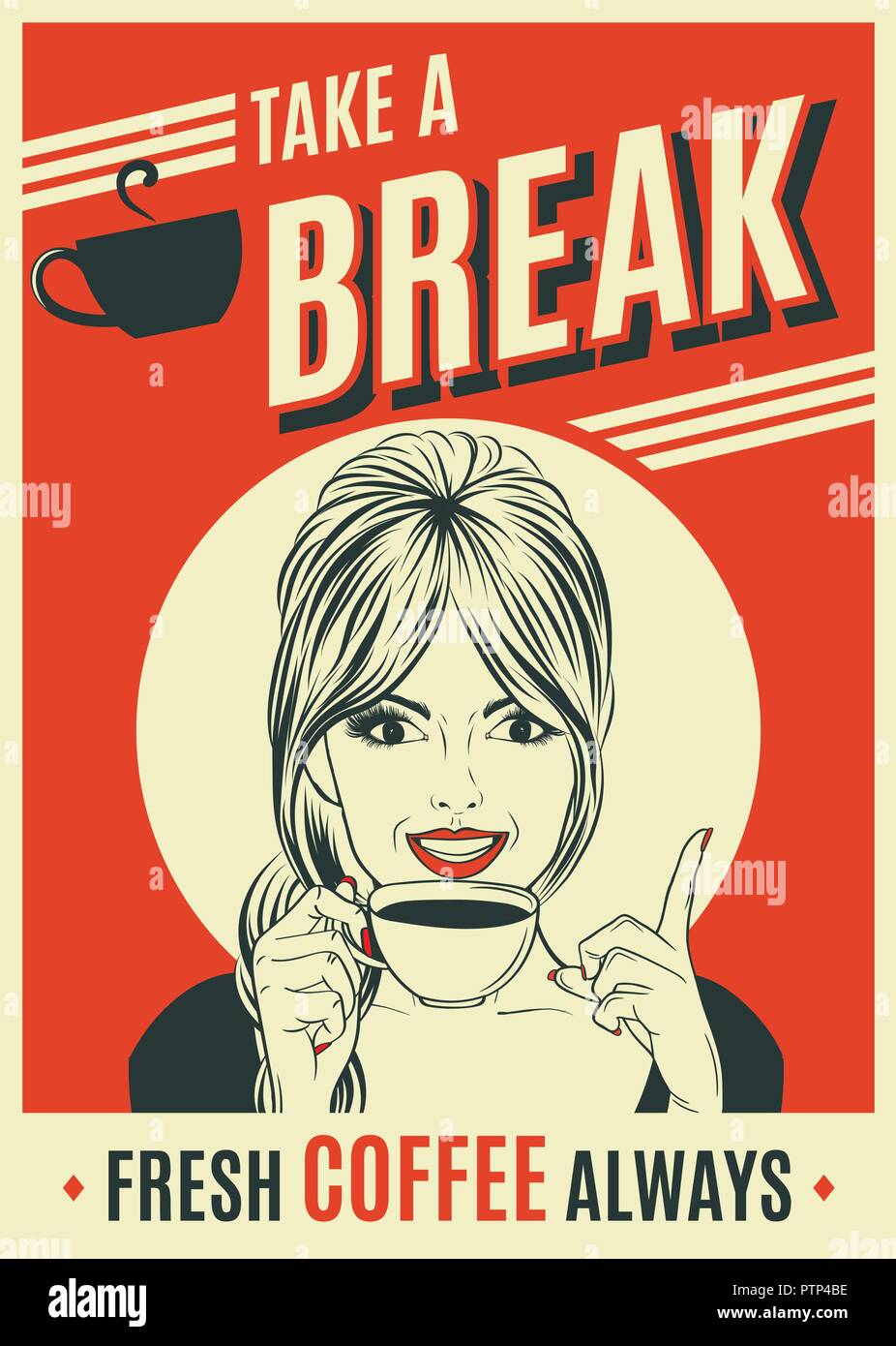 Café publicité retro poster avec femme pop art, format vectoriel Illustration de Vecteur