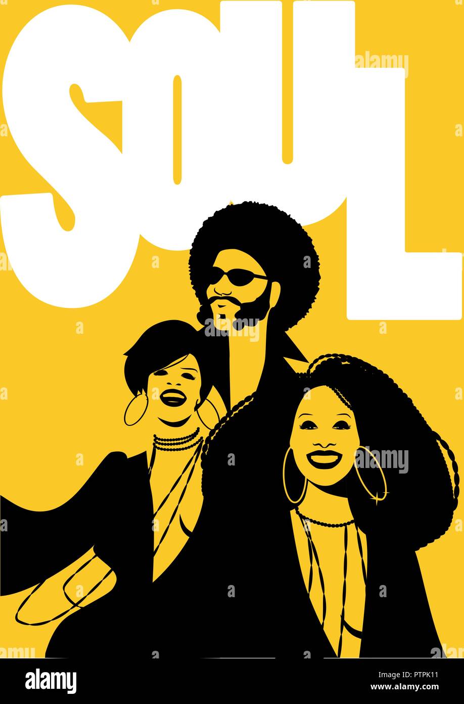L'affiche de soul music. Groupe d'homme et deux filles. Retro Style Illustration de Vecteur
