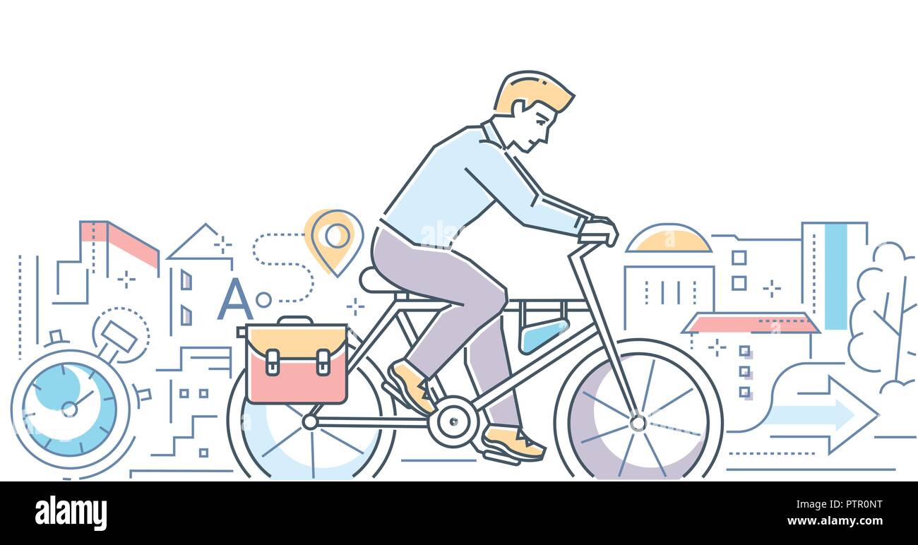 Randonnée à vélo - ligne colorée de style design vector illustration sur fond blanc. Une composition avec jeune homme, gestionnaire de la bicyclette dans la ville, goin Illustration de Vecteur