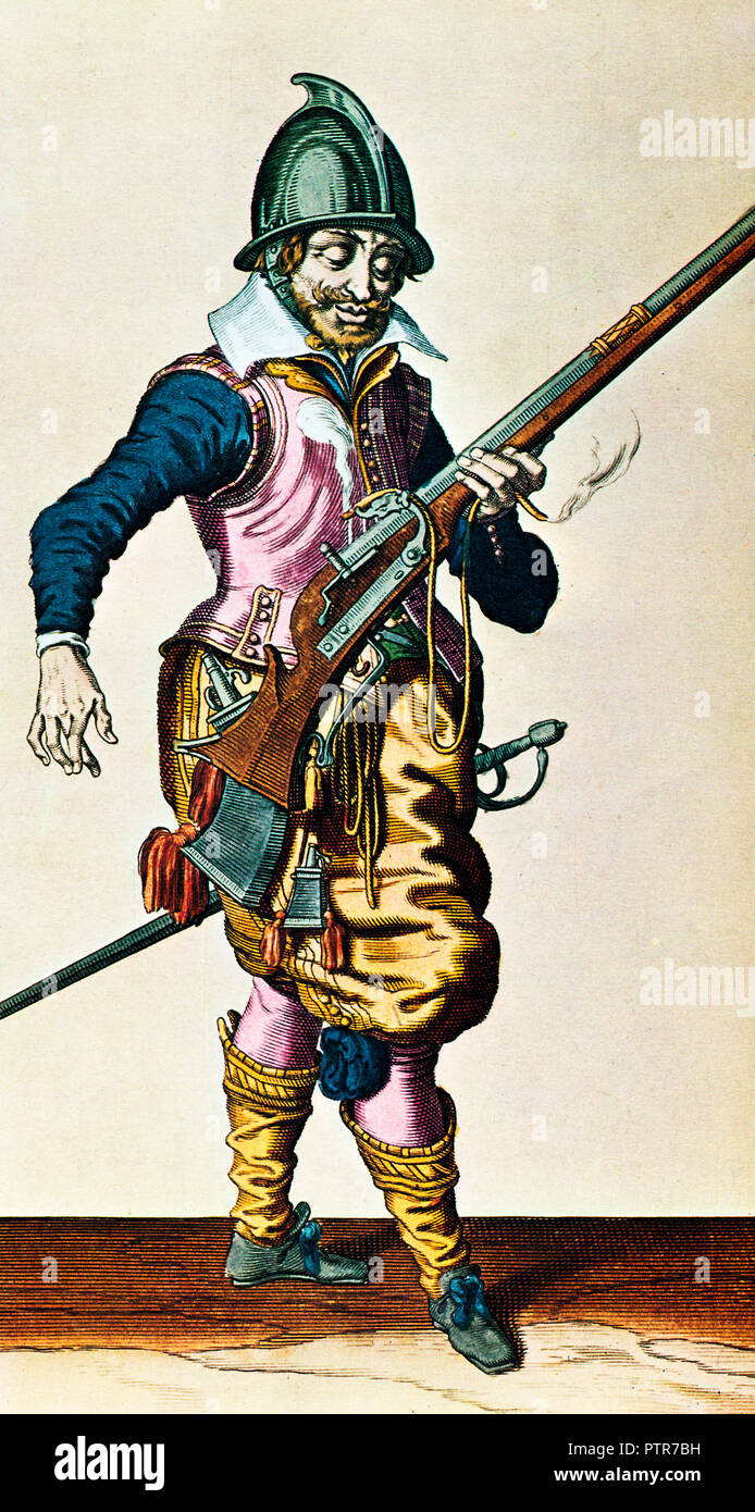 Mousquetaire, 1600 illustration tirée du manuel militaire l'exercice des armes par peintre et graveur hollandais Jacob de Gheyn II publiée à La Haye en 1607 Banque D'Images
