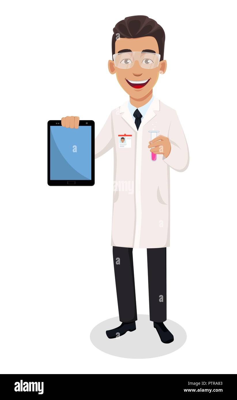 L'homme scientifique. Beau personnage moderne holding tablet et tube à essai. Vector illustration sur fond blanc. Illustration de Vecteur