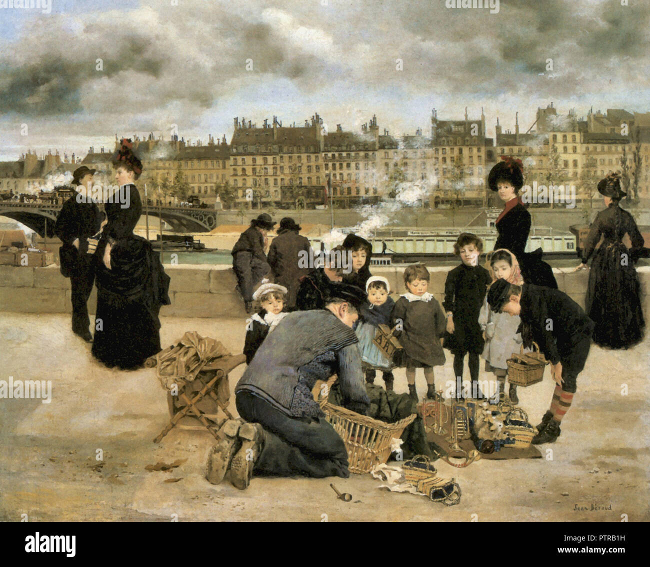 Jean Beraud - les enfants avec un vendeur de jouets sur le quai du Louvre Banque D'Images