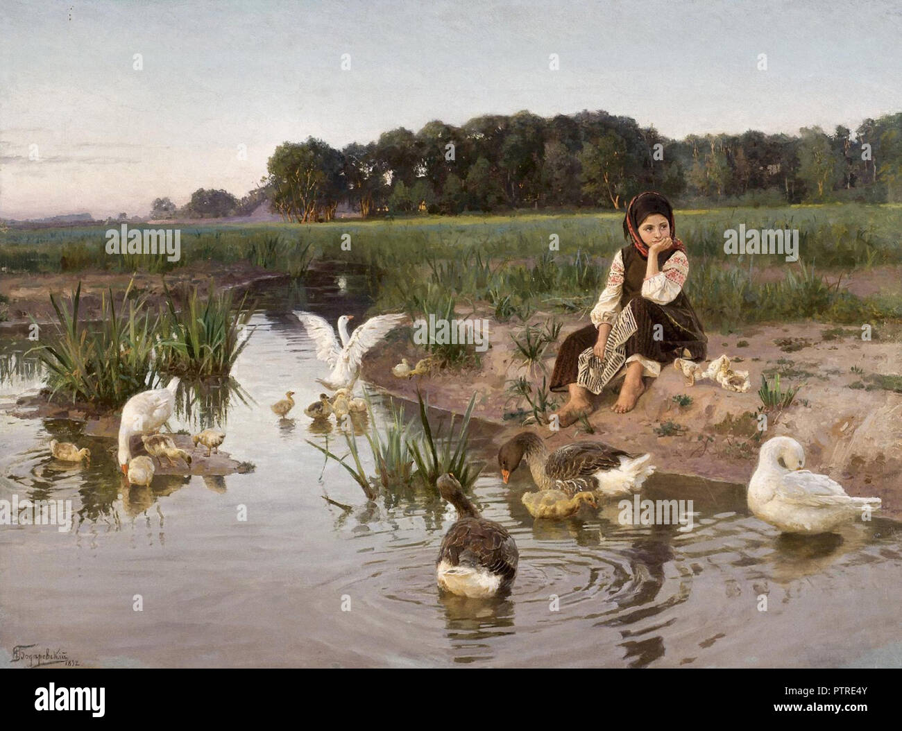 Nikolai Bodarevsky Kornilovich - Ukrainian Girl Tending Geese Banque D'Images