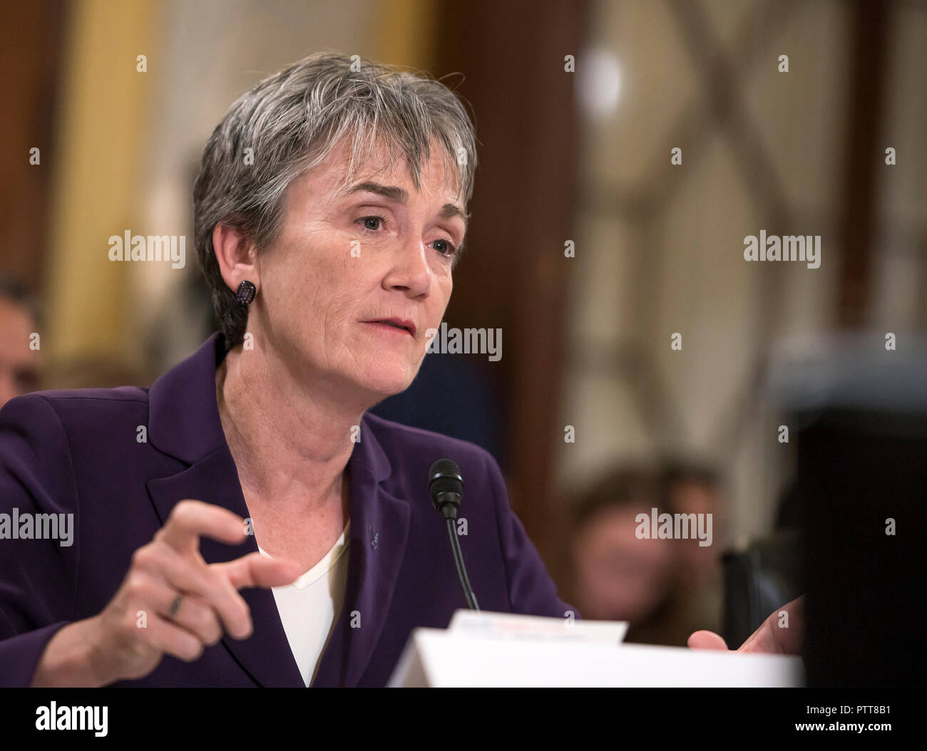 Secrétaire de l'Air Force Heather Wilson donne témoignage devant le comité du Sénat américain sur les services armés Sous-comité sur l'état de préparation et le soutien de la direction au cours d'une audition intitulée "Préparation à l'US Air Force' sur la colline du Capitole à Washington, DC le mercredi, Octobre 10, 2018. Credit : Ron Sachs/CNP /MediaPunch Banque D'Images