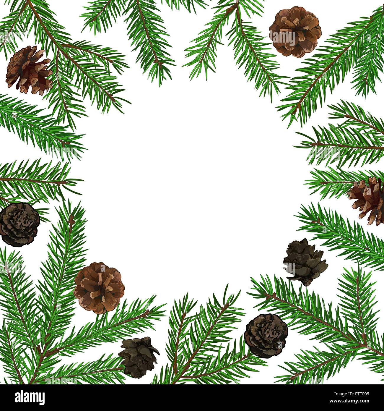 Avec fond vert sapin, réaliste et de la direction générale des cônes. Place pour texte, félicitations. Symbole de Noël, Nouvel An. Illustration de Vecteur