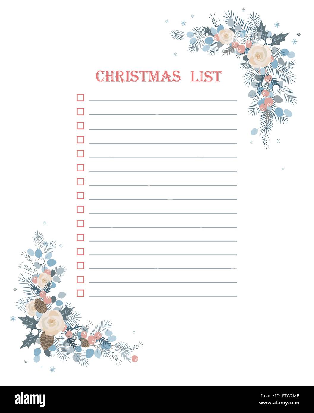 Noël à faire Liste de contrôle avec froral châssis d'angle décoration. Châssis isolé sur un fond blanc. Les jours fériés pour faire la liste, vector background. Prinatble Illustration de Vecteur