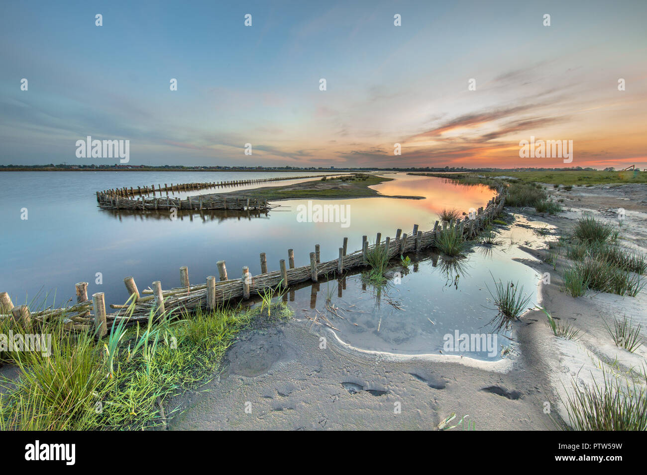 Nouveau mur humide écologique pour la protection de l'onde les banques sur les rives du lac nouvellement développé à Meerstad development area, Groningen, Pays-Bas Banque D'Images