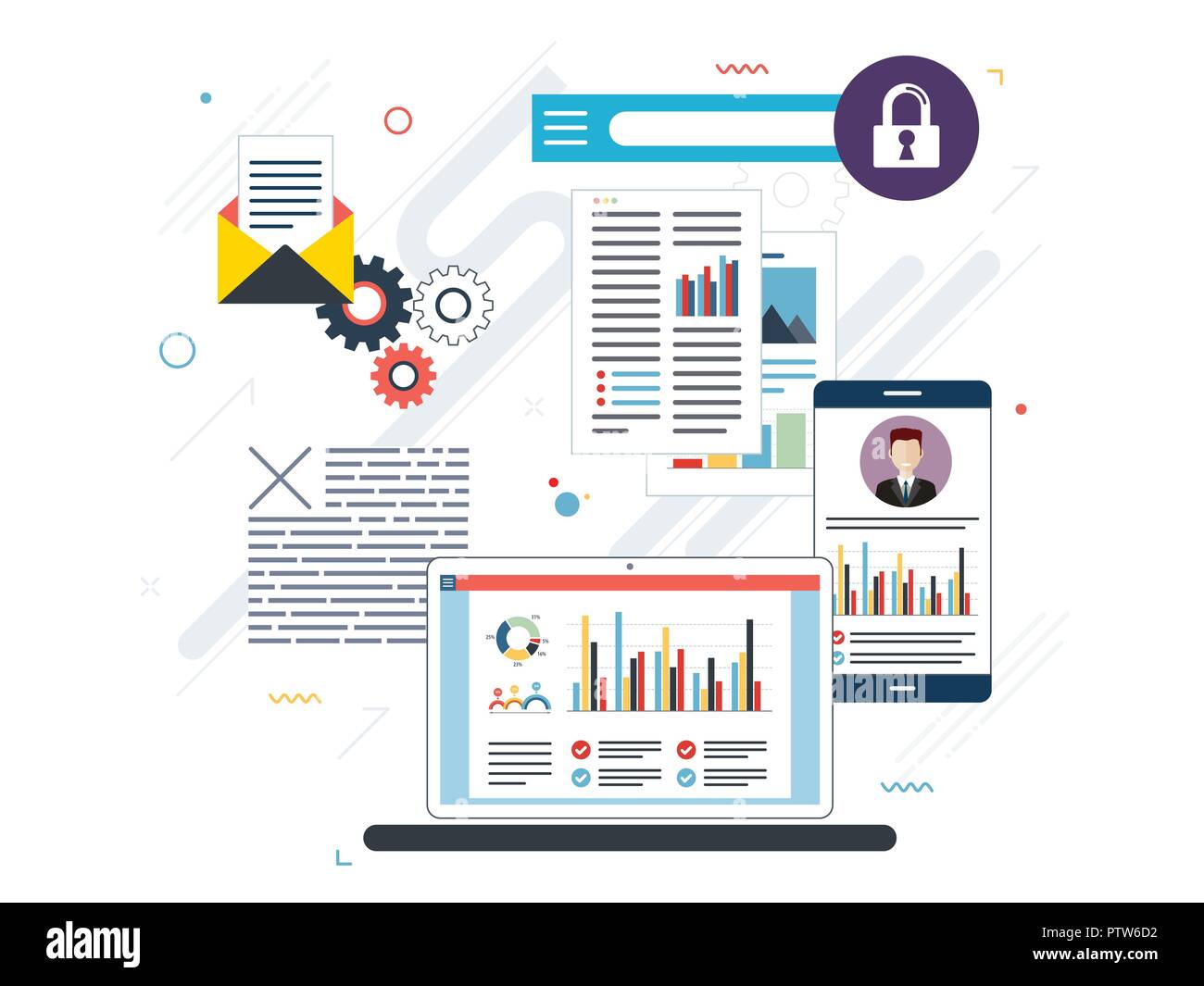 Tablette avec l'analyse des performances, l'écran d'ordinateur portable et d'internet avec des données, icônes de recherche et de gestion de projet, développement des applications. Concept pour suc Illustration de Vecteur