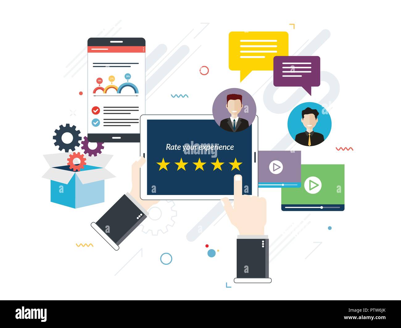Système de notation sur l'écran de tablette avec des étoiles. Commentaires et de qualification en discussion, les médias sociaux, le marketing, la vidéo, le marché en ligne, des photos et des e-mails en télévision Illustration de Vecteur
