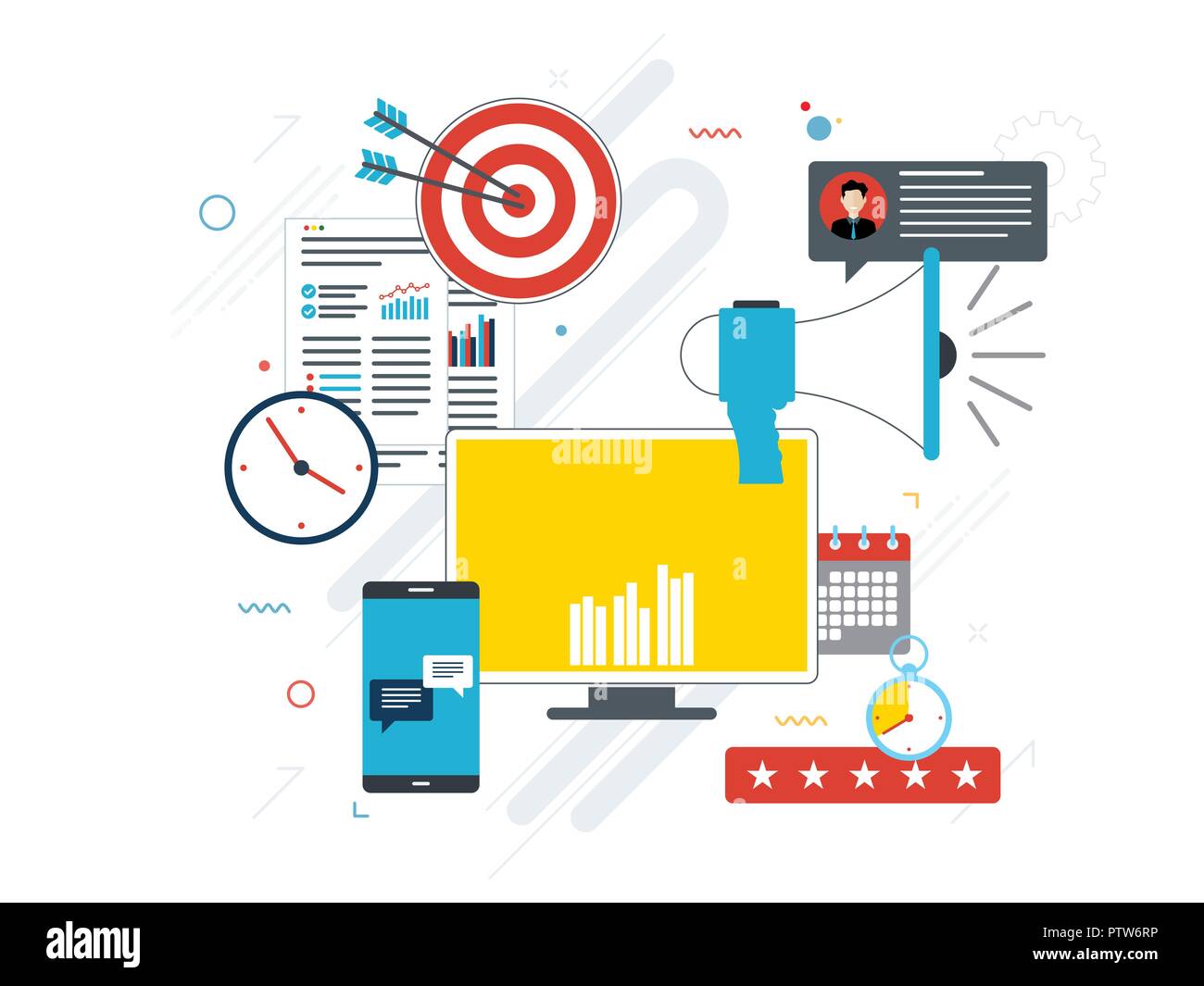 Icônes de publicité et de communication marketing. Les concepts de marketing d'affaires, analyse et stratégie dans les réseaux sociaux et les médias sociaux. Télévision desig Illustration de Vecteur
