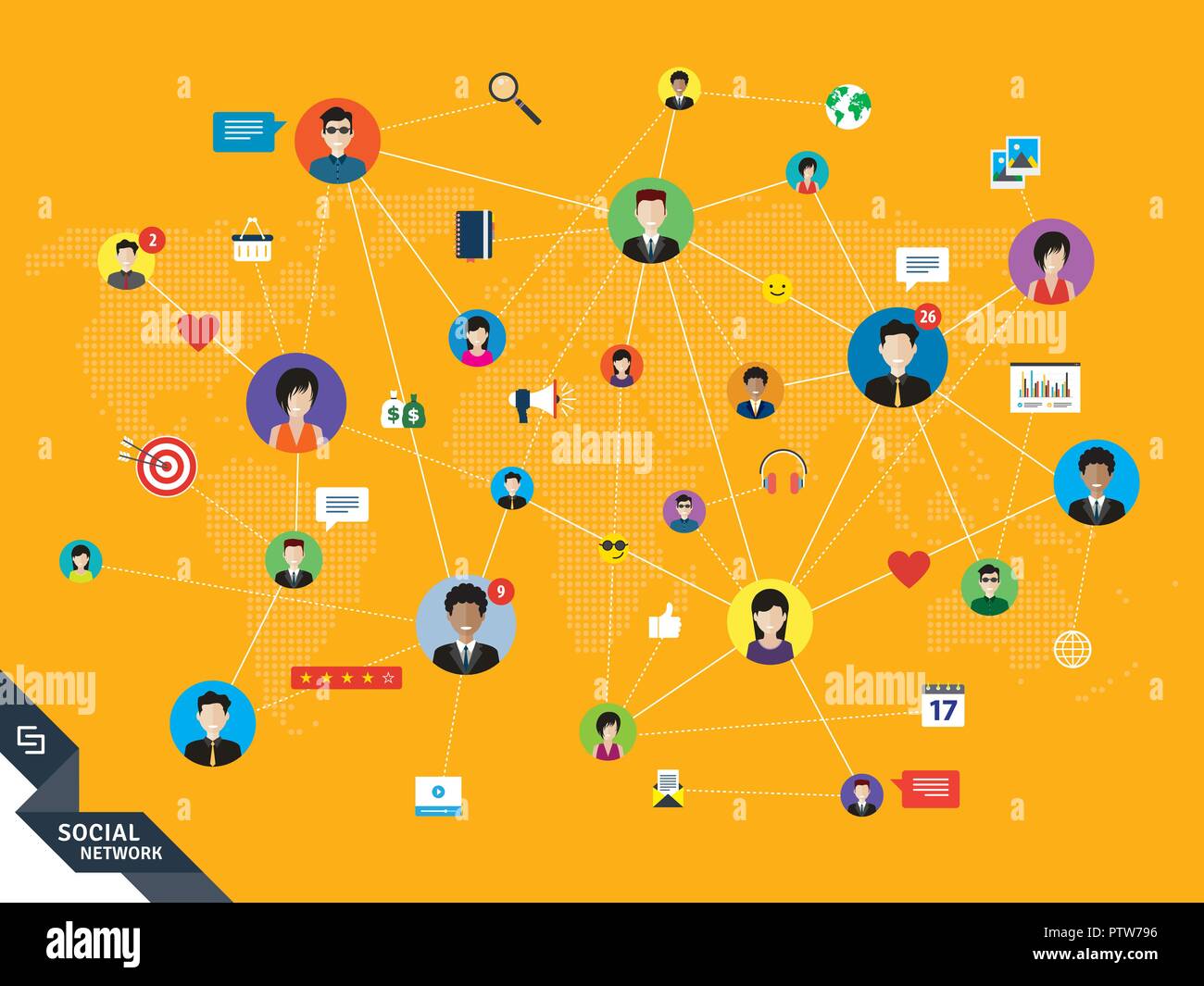 Personnes connectées par les médias sociaux ou les réseaux sociaux. Concept de communication, les entreprises, la mondialisation. Les gens icônes, carte du monde et de la conception avec des lignes Illustration de Vecteur