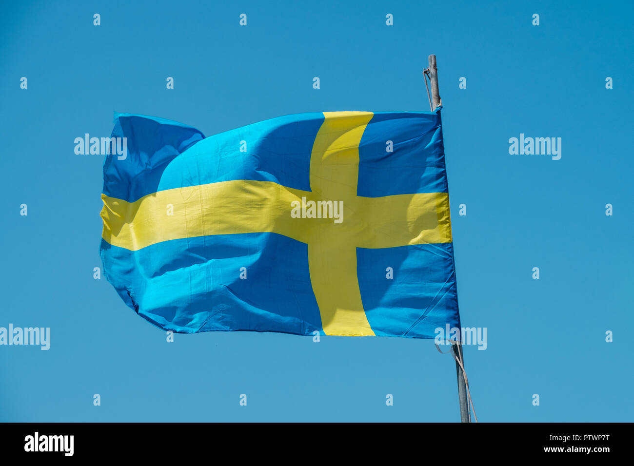 Brandir le drapeau suédois sur ciel bleu - drapeau national de Suède Banque D'Images