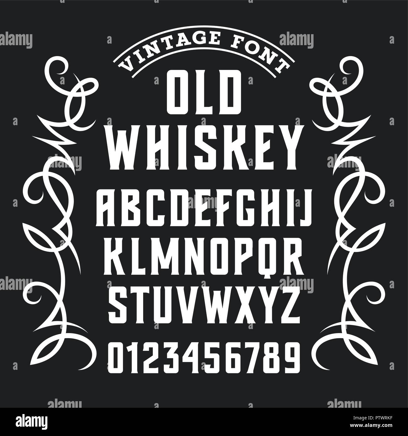 Ancienne étiquette de whisky font. Des lettres et des chiffres en style vintage. Éléments de conception de la Calligraphie Illustration de Vecteur