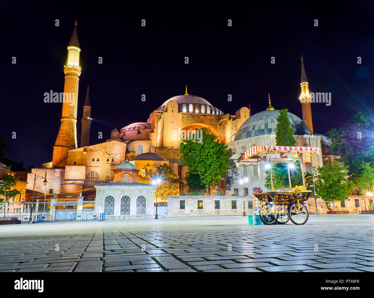 La mosquée Sainte-Sophie de nuit avec un épis de maïs au premier plan. Vue depuis Sultanahmet Park. Istanbul, Turquie. Banque D'Images