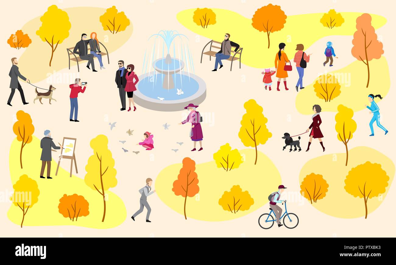 Ville d'automne parc avec fontaine et quelques personnes Illustration de Vecteur